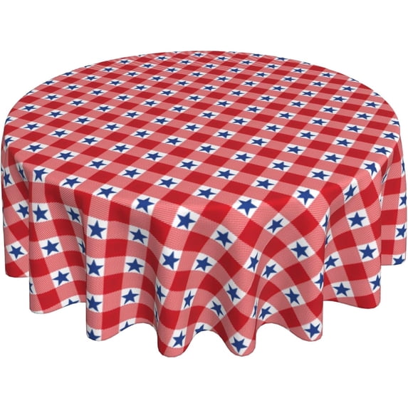 4th of July Tablecloth Round 60 Inch,Red White Buffalo Plaid Check Blue Patriotic Stars Table Cloth,Stain Resistance Polyester Independence Day Table Covers for Kitchen Dining Parties Picnic