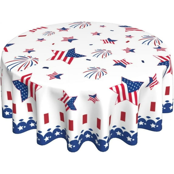 4th of July Tablecloth Round 70 Inch Patriotic American Flag Firework Tablecloth Washable Table Cover Reusable Memorial Day Tablecloth for Home Party Picnic