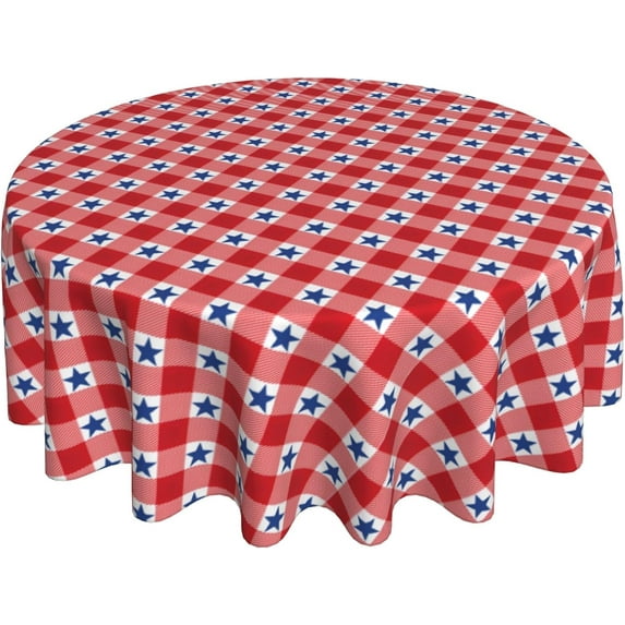 4th of July Tablecloth Round 70 Inch,Red White Buffalo Plaid Check Blue Patriotic Stars Table Cloth,Stain Resistance Polyester Independence Day Table Covers for Kitchen Dining Parties Picnic