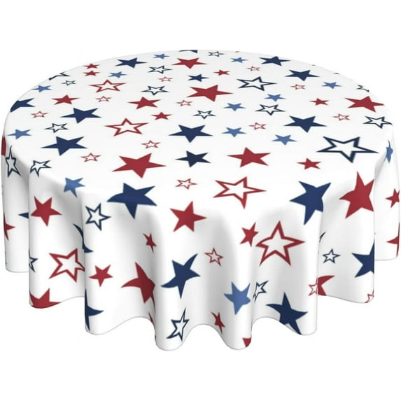 4th of July Tablecloth Round 70 Inch,White Red Blue Patriotic Stars Table Cloth,Stain Resistance Polyester American Independence Day Farmhouse Table Covers for Kitchen Dining Parties Picnic
