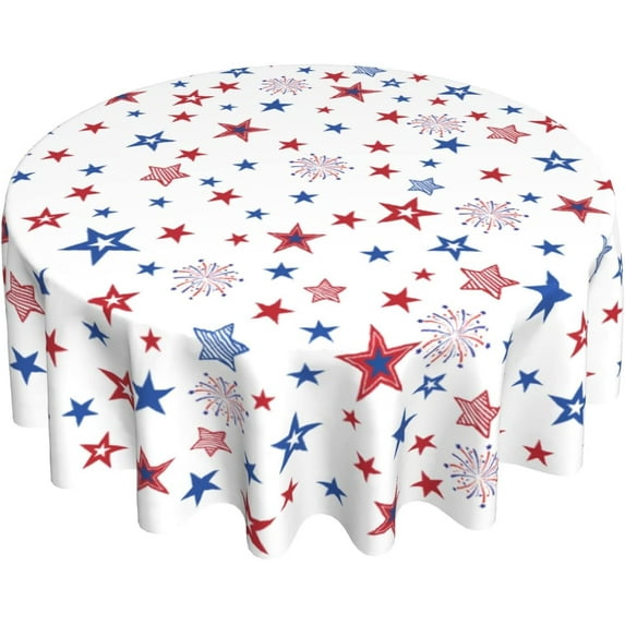 4th of July Tablecloth Round Independence Day Memorial Day Patriotic American Flag Star and Firework Table Cloth Circular Waterproof Polyester Table Cover for Dining Kitchen Picnic 60 Inch