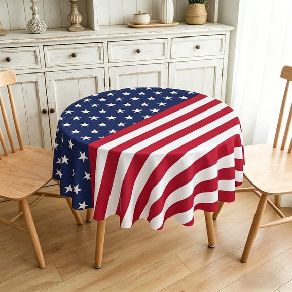 4th Of July Tablecloth Round Patriotic Star Table Cover Polyester Waterproof Stain Resistant for Independence Day Party BBQ Picnic Home Kitchen Dining Decor