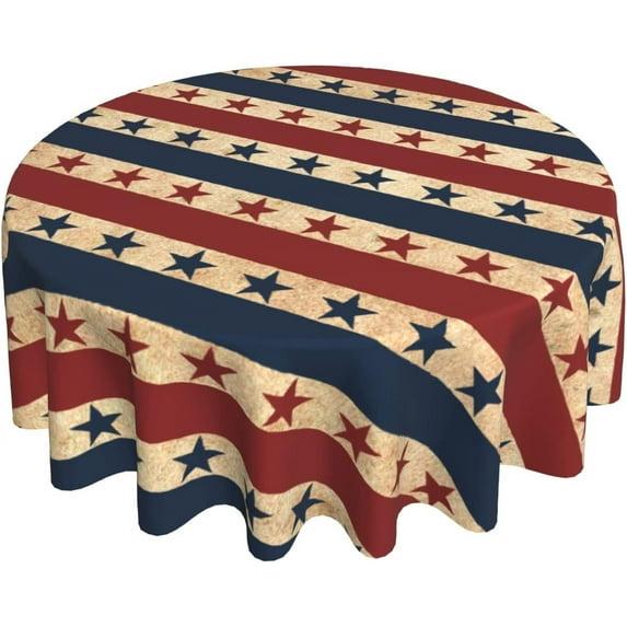 4th of July Tablecloth Round Retro Patriotic American Flag Star Stripes Table Cloths Circular Table Cover Waterproof and Wipeable Polyester Tabletop for Dining Kitchen Picnic Party Decor 60 Inch