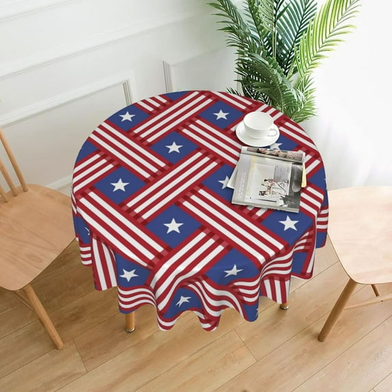 4th July Tablecloth Round Table Cloths 60 Inch Wrinkle Resistant Picnic Table Covers Washable Polyester for Holiday Kitchen Party Picnic