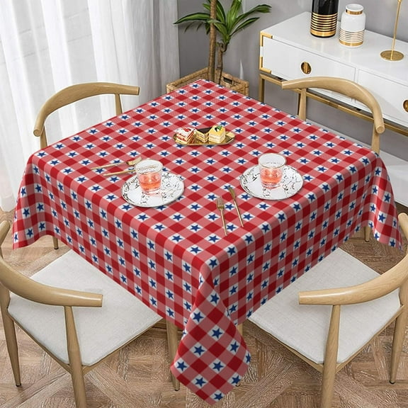 4th of July Tablecloth Square 54x54 Inch,Red White Buffalo Plaid Check Blue Patriotic Stars Table Cloth,Stain Resistance Polyester Independence Day Table Covers for Kitchen Dining Party Picnic