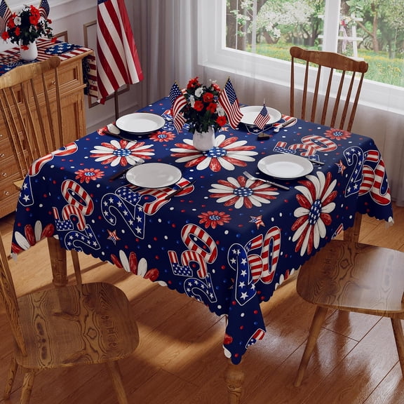 4th of July Tablecloth Square 60x60 Inch, 250 Anniversary USA Merchandise Patriotic Decorations Washable Blue Red Floral America Memorial Day 250 Table Cloth Waterproof Edge Table Cover