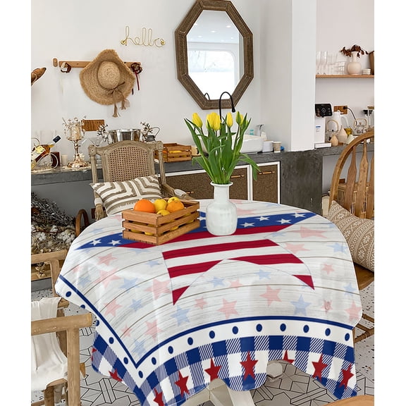 4th of July Tablecloth Square Table Cloth 54x54, Waterproof Tablecloth Outdoor Table Cloth, American Flag Star on Wood Blue Checkered Washable Table Cover for Kitchen Dining Party