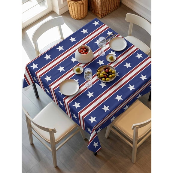4th of July Tablecloth Square Table Cloth 54x54, Waterproof Tablecloth Outdoor Table Cloth, Independence Day Blue White Red Stripes Country Star Washable Table Cover for Kitchen Dinning Party