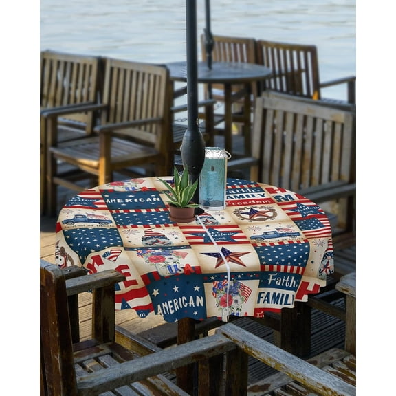 4th of July Tablecloth with Umbrella Hole and Zipper American Flag Round Outdoor Tablecloths 60 Inch Outside Table Cloths Stars Red Stripes Patio Table Cloth Cover for Independence Day Garden Decor