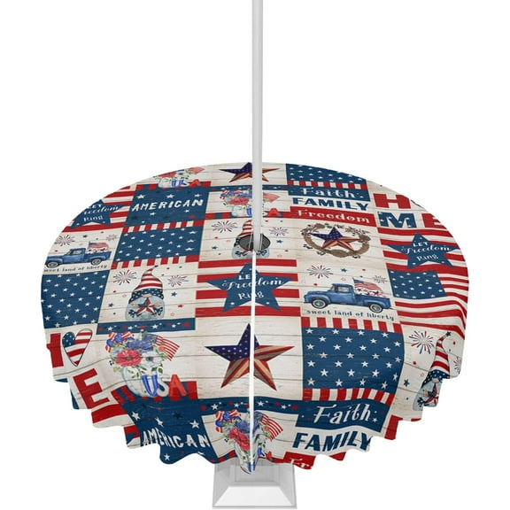 4th of July Tablecloth with Umbrella Hole and Zipper American Patriotic Star Flag Round Outdoor Tablecloths 60 Inch Table Cloths Blue Red White Stripes Gnome Table Cloth Cover for Independence Day