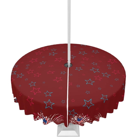 4th of July Tablecloth with Umbrella Hole and Zipper Patriotic Stars America Flag Round Outdoor Tablecloths 60 Inch Table Cloths Firework Red Patio Table Cloth Cover for Independence Day Garden