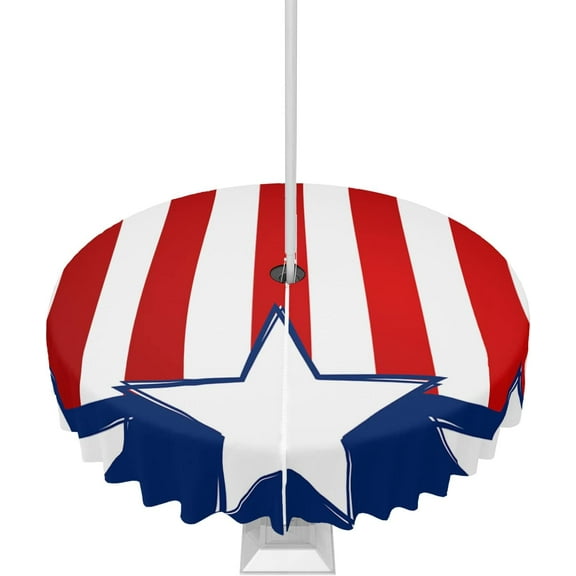 4th of July Tablecloth with Umbrella Hole and Zipper Patriotic Stars Round Outdoor Tablecloths 60 Inch Table Cloths American Flag Red White and Blue Stripes Table Cloth Cover for Independence Day