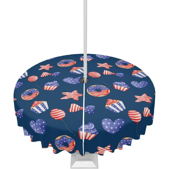 4th of July Tablecloth with Umbrella Hole and Zipper Patriotic Stars Stripes Round Outdoor Tablecloths 60 Inch Outside Table Cloths Donuts Cakes Patio Table Cloth Cover for Independence Day Garden