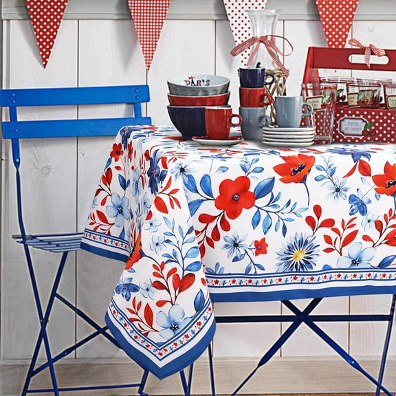 4th of July Tablecloth Waterproof Fabric Oblong Memorial Day Red White and Blue Table Cloth, Patriotic Decoration Perfect for Kitchen Dining,Restaurant