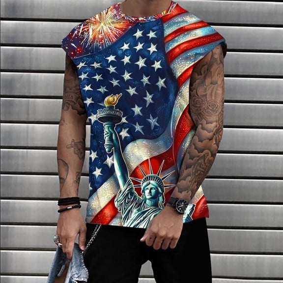 4th of July Tank American Flag Tanks Patriotic Top Patriotic Tanks for Men Red White and Blue Tank Tops for Men Casual Fashion Printing Pullover Sleeveless Round Neck Sports Tank