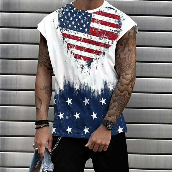 4th of July Tank American Flag Tanks Patriotic Top Patriotic Tanks for Men Red White and Blue Tank Tops for Men Casual Fashion Printing Pullover Sleeveless Round Neck Sports Tank