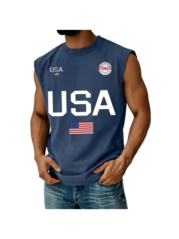 4th of July Tank Tops for Men Plus Size Loose Crew Neck American Flag Print Shirts Sleeveless USA 250th Anniversary Celebration Party Independence Day Patriotic Tees, L