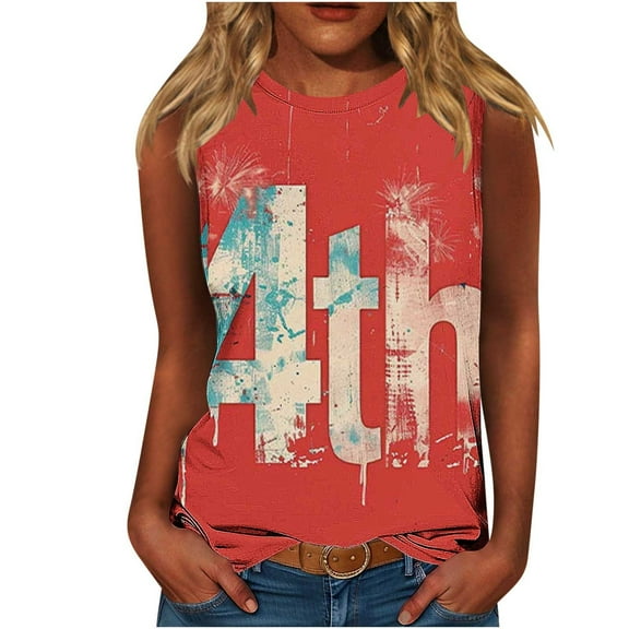 4th of July Tank Tops for Women Loose Fit Crew Neck Sleeveless Shirts American Flag White Blue Stars Stripes Cami T-Shirts Independence Day Patriotic Blouse Fashion Vacation Tops Summer T Shirt