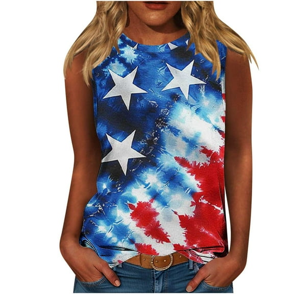 4th of July Tank Tops for Women Loose Fit Crew Neck Sleeveless Shirts American Flag White Blue Stars Stripes Cami T-Shirts Independence Day Patriotic Blouse Fashion Vacation Tops Summer T Shirt