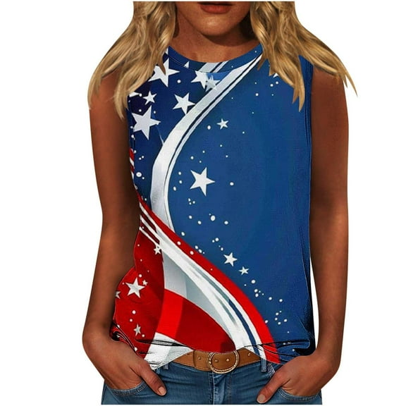 4th of July Tank Tops for Women Loose Fit Crew Neck Sleeveless Shirts American Flag White Blue Stars Stripes Cami T-Shirts Independence Day Patriotic Blouse Fashion Vacation Tops Summer T Shirt