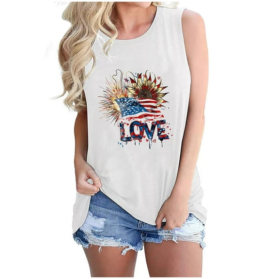 4th of July Tank Tops for Womens Trendy Sunflower American Flag Shirts Dressy Casual Crewneck Sleeveless T-Shirts Floral USA Stars Stripes Patriotic Tees Independence Day Vest Memorial Day Outfits