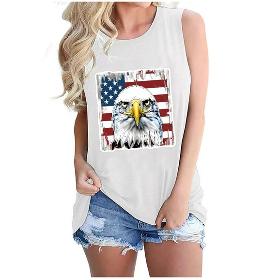 4th of July Tank Tops for Womens Trendy Sunflower American Flag Shirts Dressy Casual Crewneck Sleeveless T-Shirts Floral USA Stars Stripes Patriotic Tees Independence Day Vest Memorial Day Outfits