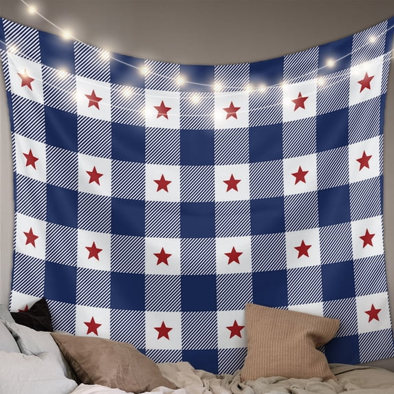 4th of July Tapestry for Bedroom Wall Hanging Tapestry, Independence Day Blue White Plaid Red Star Ceiling Backdrop Tapestries Poster Blanket Wall Decor for Teens Room Living Room Dorm 59" x 79"
