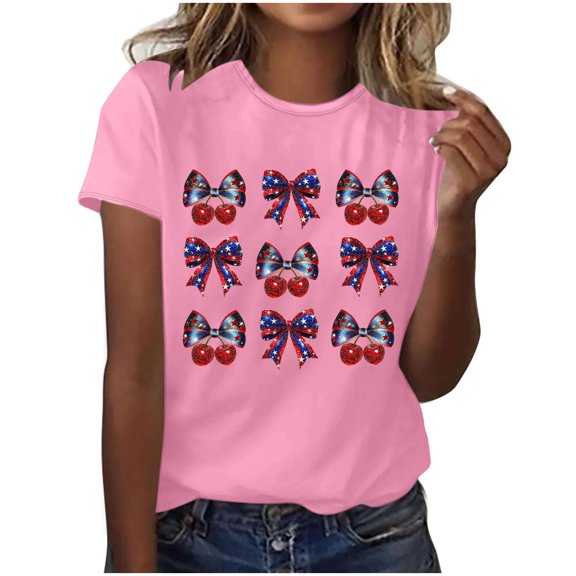 4th of July Tee Shirt for Women Cute USA Bow Flag Graphic Tops American Flag Patriotic Shirts Crew Neck Short Sleeve Memorial Day Tees Fashion Casual Independence Day T-Shirt Vacation Outfits