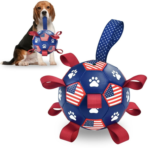 4th July Theme Soccer Ball Dog Toy with Straps Dog Interactive Play Balls for Tug of War USA Independence Day Dog Soccer Ball for Small Medium Big Size Dog (6 inches) S