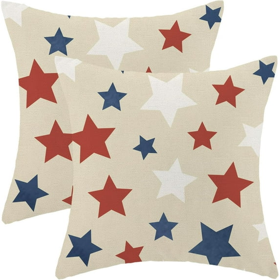 4th of July Throw Pillow Covers 16x16 Inch Set of 2, Red Blue White Stars Independence Memorial Day Decorative Pillow Cases Outdoor Linen Patriotic Cushion Cover for Home Sofa Couch Bed