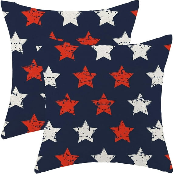 4th of July Throw Pillow Covers 16x16 Inch Set of 2, Red White Stars Blue Patriotic Decorative Pillow Cases Outdoor Linen Independence Memorial Day Cushion Cover for Home Sofa Couch Bed