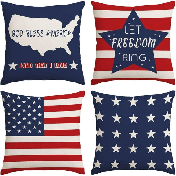 4th of July Throw Pillow Covers 16x16 Set of 4 Patriotic Pillow Covers American Flag Day Memorial Day Independence Red White Blue Pillow Case Cushion Covers Home Outdoor Sofa Couch Decorations