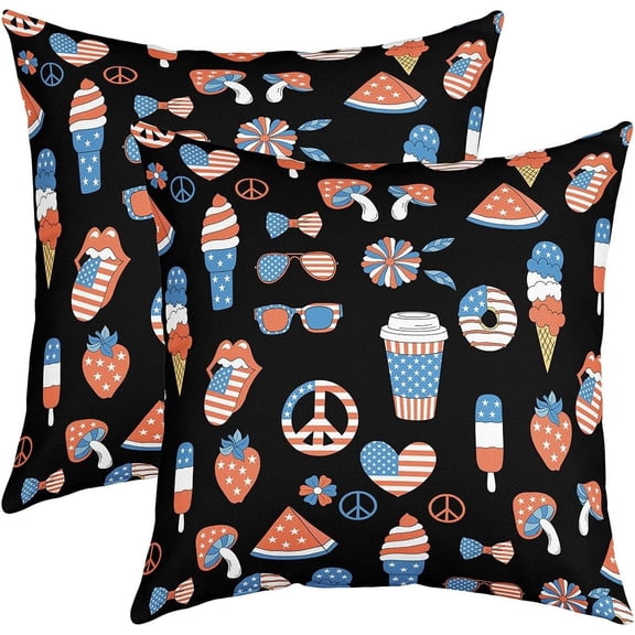 4th of July Throw Pillow Covers 18"x18" Set of 2 Soft American Flag Decorative Throw PillowCases for Sofa Room Decorative Independence Day Pillow Cases Cushion Covers Hippy Groovy Cushion Cases