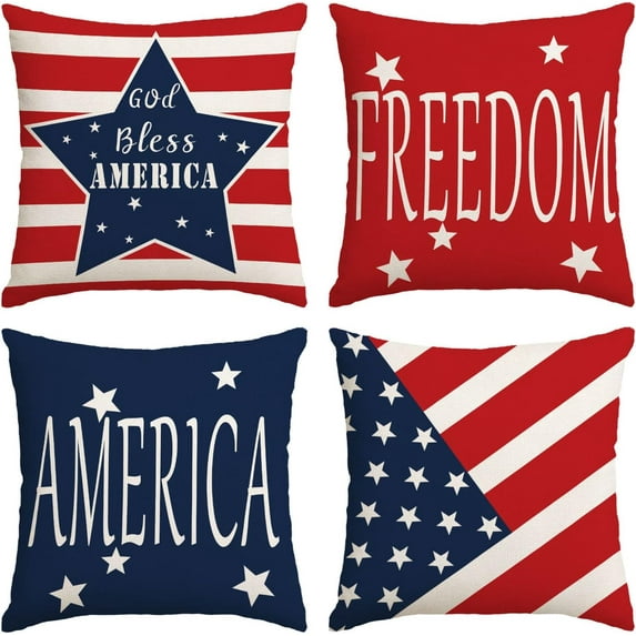 4th of July Throw Pillow Covers 18x18 Set of 4 Patriotic Pillow Covers American Flag Day Pillow Covers Memorial Day Independence Day Cushion Covers for Home Outdoor Sofa Couch Decorations (18 inch)