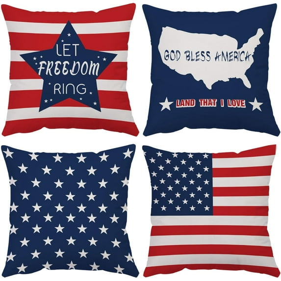 4th of July Throw Pillow Covers 18x18 Set of 4 Patriotic Pillow Covers American Flag Memorial Day Velvet Fourth of July Red White Blue Pillow Case Cushion Covers Home Outdoor Sofa Decorations
