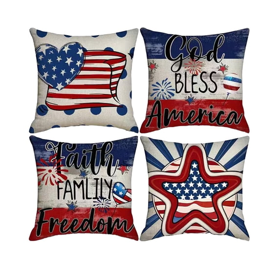 4th of July Throw Pillow Covers 18x18in Set of 4,Patriotic Pillow Case for Independence Day,Memorial Day,Veteran's Day,USA,American Summer Outdoor Red White Blue Decorations