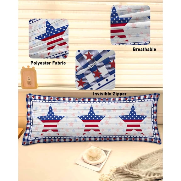 4th of July Throw Pillow Covers, American Flag Star on Wood Blue Checkered Soft Breathable Pillow Cases with Invisible Zipper for Sleeping, Long Body Pillowcases for Couch Bed Sofa Chair 20x60 Inches