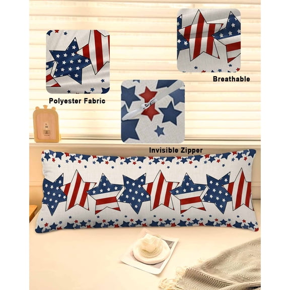 4th of July Throw Pillow Covers, Patriotic Blue Red Star Independence Day Soft Breathable Pillow Cases with Invisible Zipper for Sleeping, Long Body Pillowcases for Couch Bed Sofa Chair 20x54 Inches