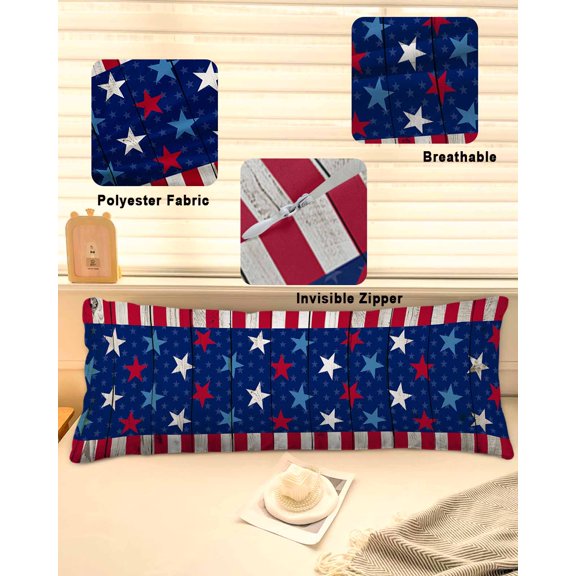 4th of July Throw Pillow Covers, Star Red Stripes Wood Independence Day Soft Breathable Pillow Cases with Invisible Zipper for Sleeping, Long Body Pillowcases for Couch Bed Sofa Chair 20x54 Inches