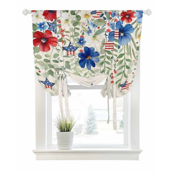 4th of July Tie Up Curtains for Window, Thermal Insulated Balloon Shade Adjustable Rod Pocket Curtains Valance Panels for Kitchen Bathroom Cafe 42 x 54 Blue Red Spring Floral Rustic Independence Day