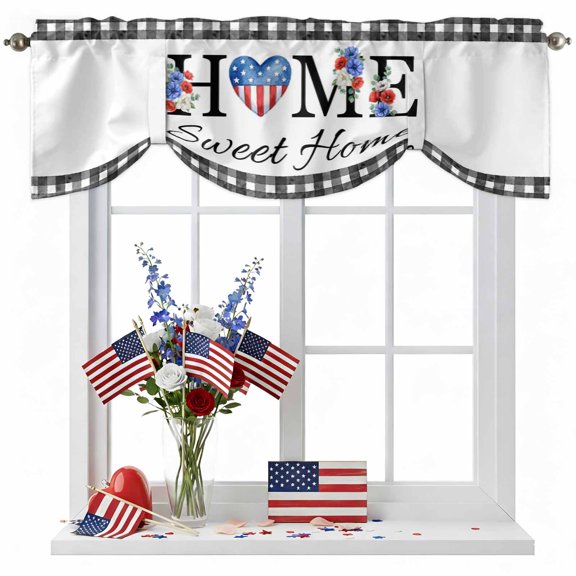4th of July Tie Up Valance for Windows Sweet Home Curtains Valances Window Treatments Patriotic Heart Poppy Plaid Balloon Curtains for Kitchen Living Room Bedroom Independence Day 42x12 Inch