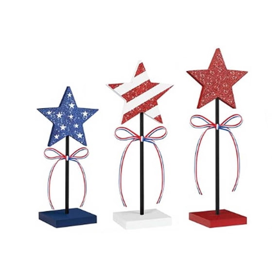 4th of July Tiered Tray Decor Wooden Star Set, 3 Pcs Memorial Day Table Decorations, Rustic Patriotic Tabletop Home Decor, Red White and Blue Decor for Home