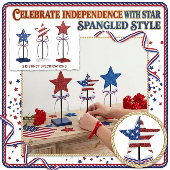 4th of July Tiered Tray Decor Wooden Star Set, 3 Pcs Memorial Day Table Decorations, Rustic Patriotic Tabletop Home Decor, Red White and Blue Decorations for Home,A