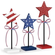 4th of July Tiered Tray Decor Wooden Star Set, 3 Pcs Memorial Day Table Decorations, Rustic Patriotic Tabletop Home Decor, Red White and Blue Decorations for Home