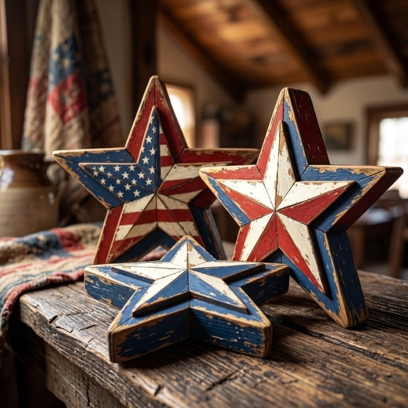 4th of July Tiered Tray Decor Wooden Star Set, 3 Pcs Memorial Day Table Decorations, Rustic Patriotic Tabletop Home Decor, Red White and Blue Decorations for Home