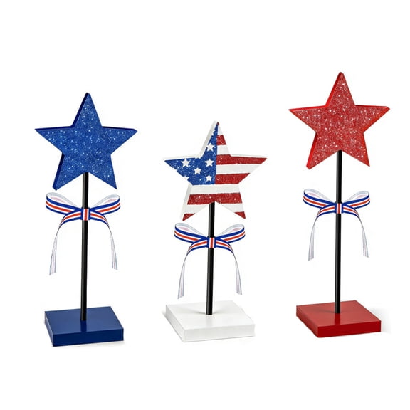 4th of July Tiered Tray Decor Wooden Star Set, 3 Pcs Patriotic Memorial Day Table Decorations, Rustic Patriotic Tabletop Home Decor, Red White and Blue Decorations for Home Table Decor