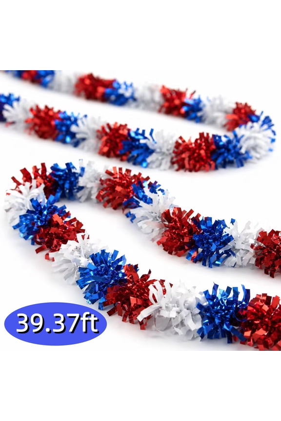 4th of July Tinsel Garland Red White Blue Garland Patriotic Decoration for Parade Golf Car Bike Independence Day Memorial Day Labor Day Party Supplies Design 2