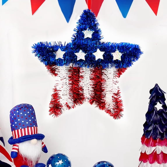 4th of July Tinsel Wreath for Front Door Patriotic Decorations Glitter Star Shape Red White and Blue American Flag Wreaths for Independence Day Memorial Day Wall Window Home Party Supplies