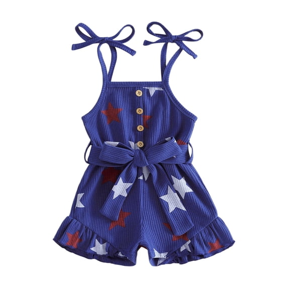 4th of July Toddler Girl Outfit Stars Stripe Flag Tie-Up Jumpsuit Romper Overall Suspender Shorts With Belt 1-5 Years Kids Girls Fourth of July Clothes