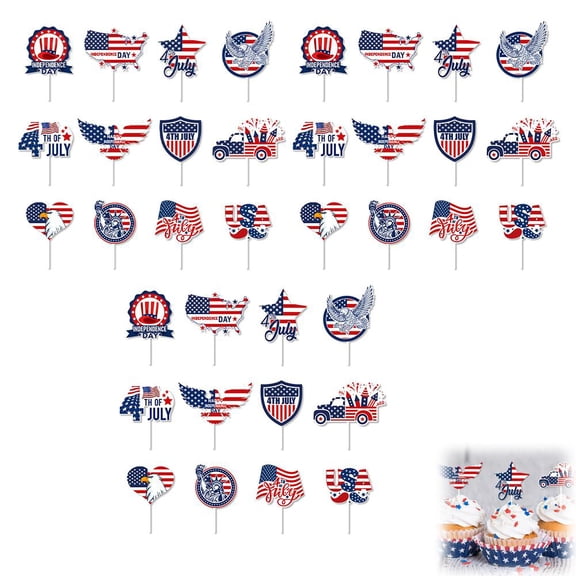 4th July Toppers 24-Pack Flag Cake Decorations with Bald Eagle, Independe USA Map Patriotic & Designs,